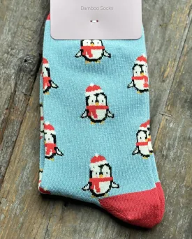 Bamboo Socks - Cute Penguins Blue