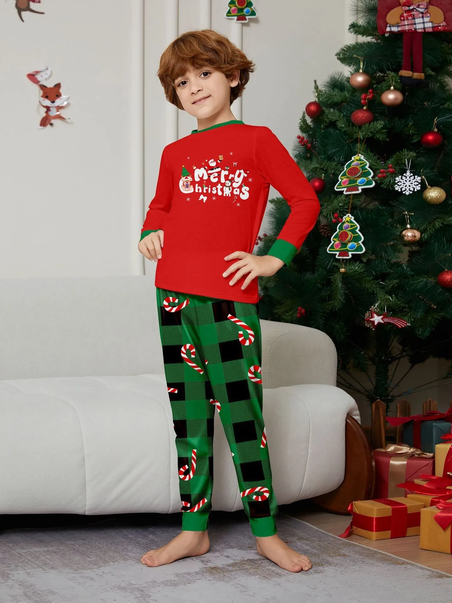 Christmas Cane Fawn Printed Family Matching Christmas Pajamas Sets