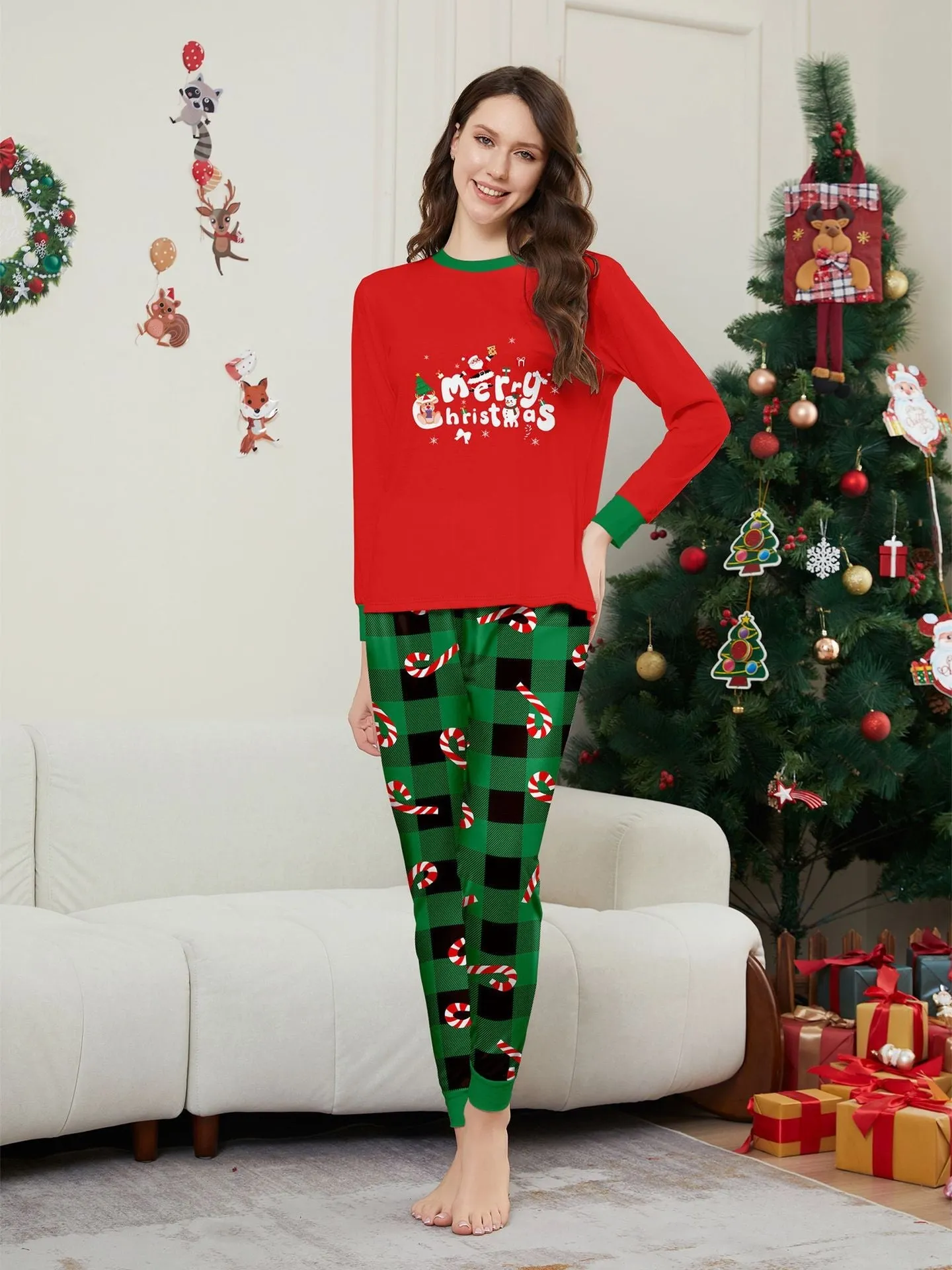 Christmas Cane Fawn Printed Family Matching Christmas Pajamas Sets