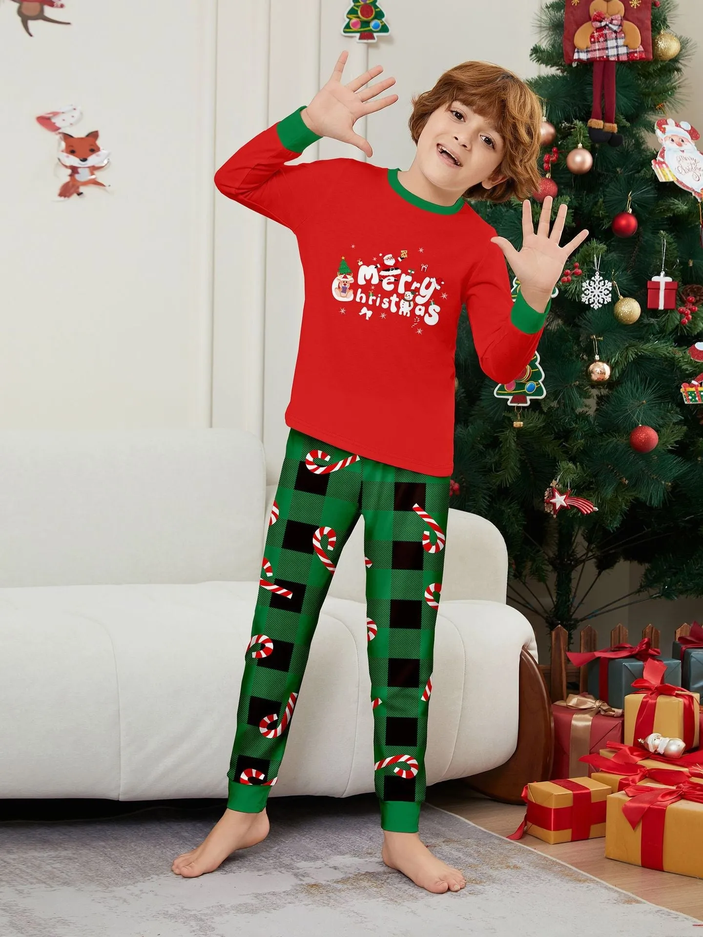 Christmas Cane Fawn Printed Family Matching Christmas Pajamas Sets