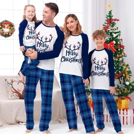 Christmas Matching Family Pajamas Merry Christmas Elk Antlers Blue Plaids Pajamas Set