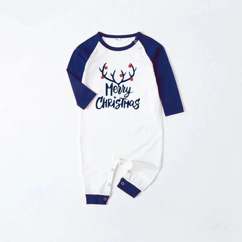 Christmas Matching Family Pajamas Merry Christmas Elk Antlers Blue Plaids Pajamas Set