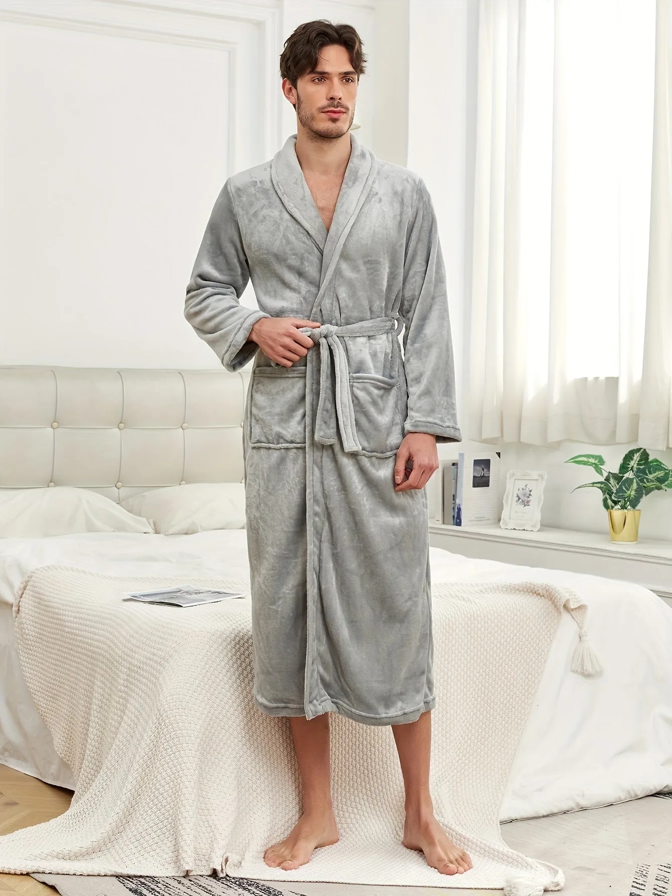 Cozy Solid Color Flannel Robe - Men's Autumn Winter Loungewear with Double Pockets, Lace-Up Closure, Elegant Design - Soft, Plush, and Warm Bathrobe Pajamas for Relaxation