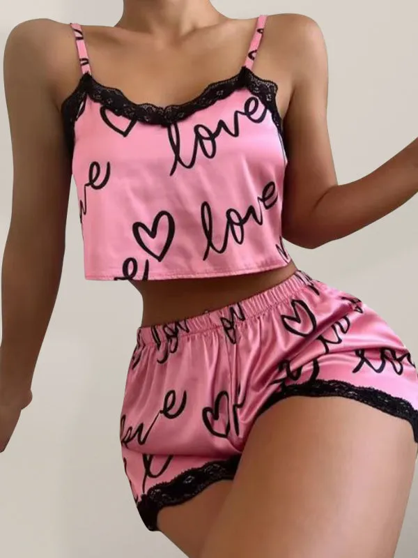 Cute Love Print Shorts and Cami Set