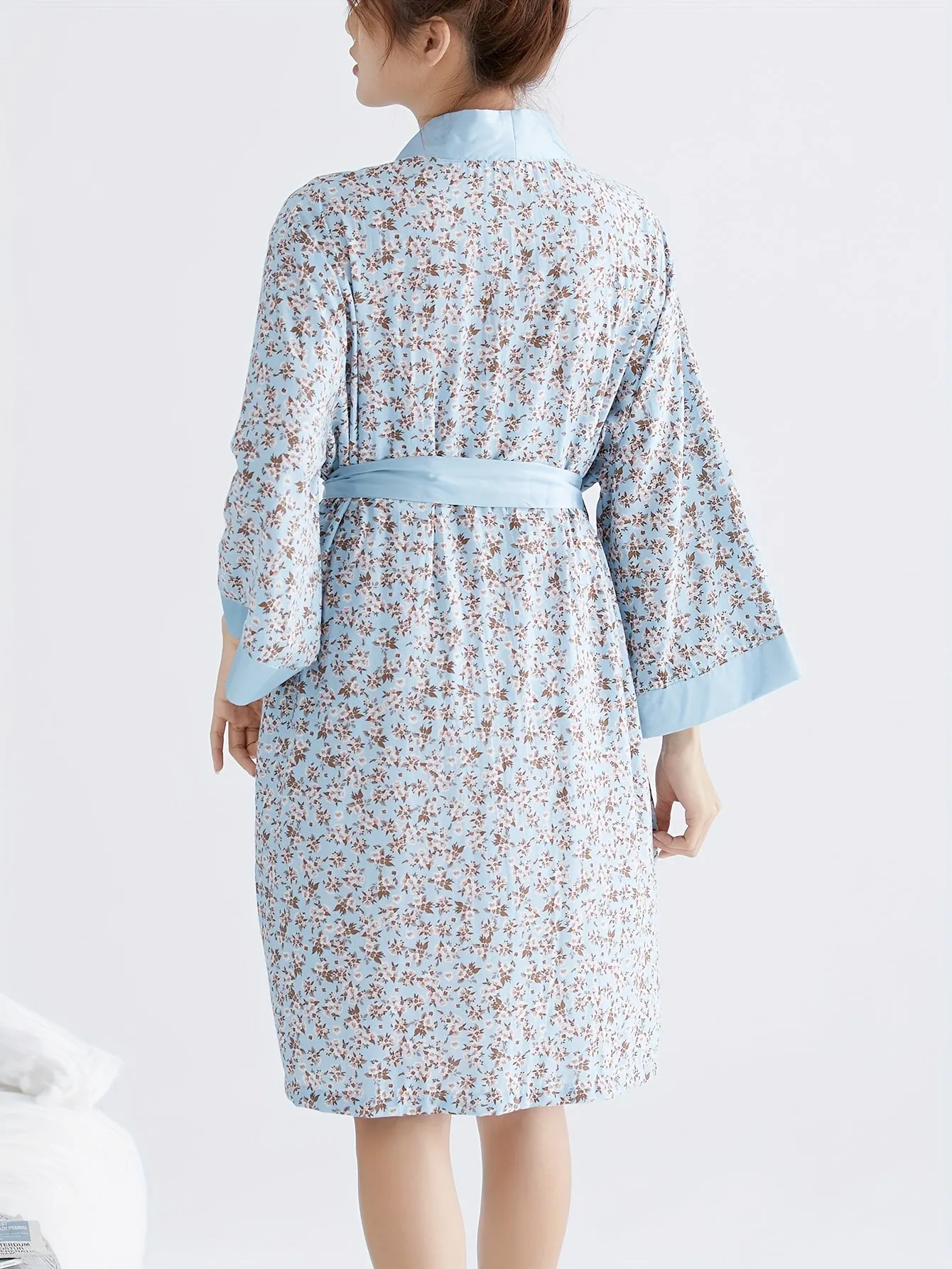 Elegant Colorblock Ditsy Floral Print Night Robe, Long Sleeve V Neck Robe With Belt, Women's Sleepwear & Dresses