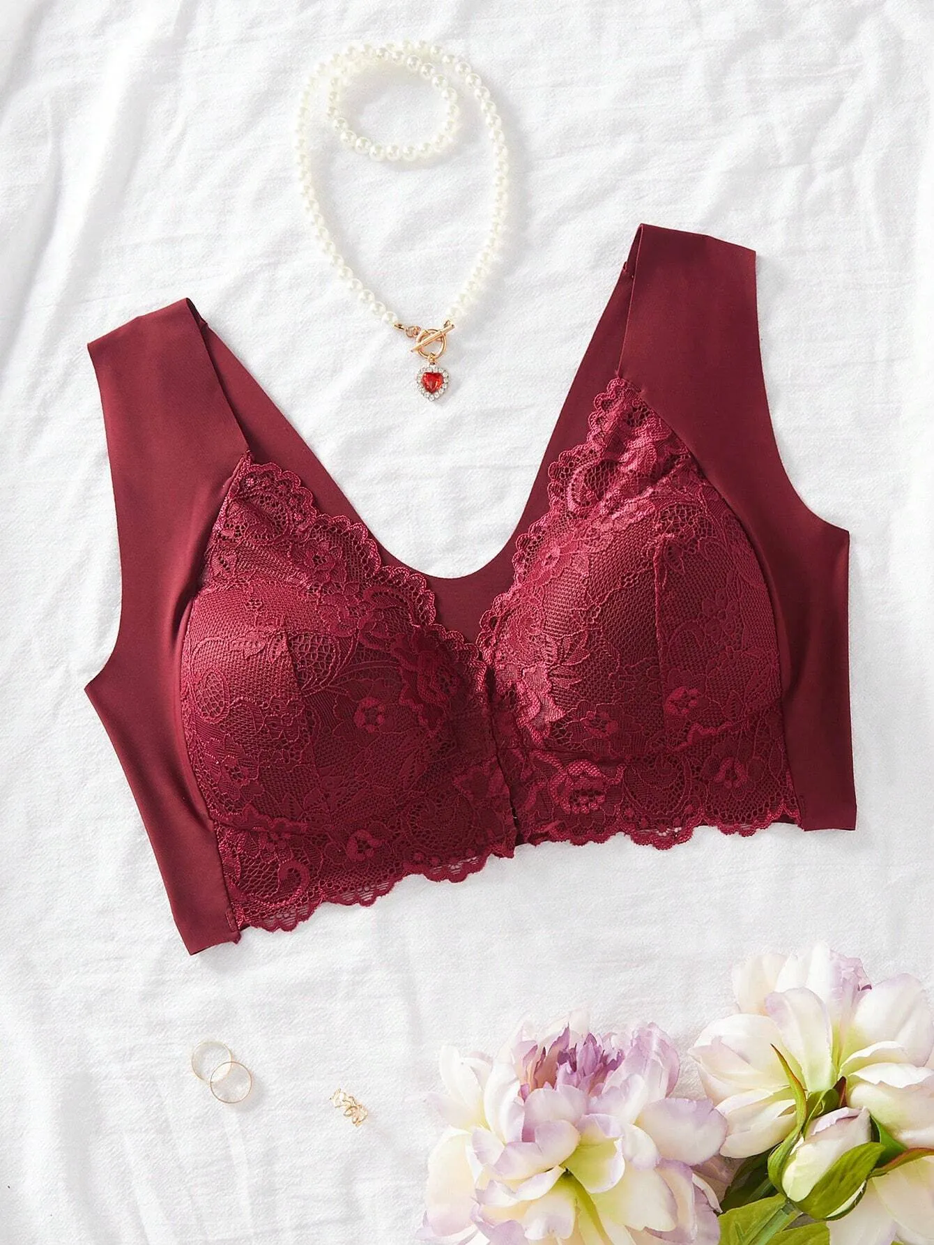 Floral Lace Hook And Eye Front Bra