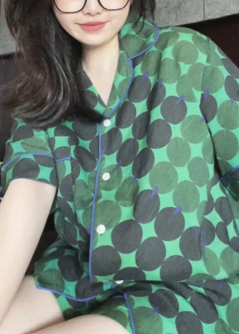 Handmade Green Peter Pan Collar Dot Print Button Ice Silk Pajamas Two Pieces Set Summer TO1009