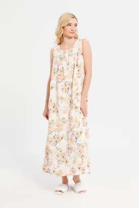 Ivory Sleeveless Printed Nightgown