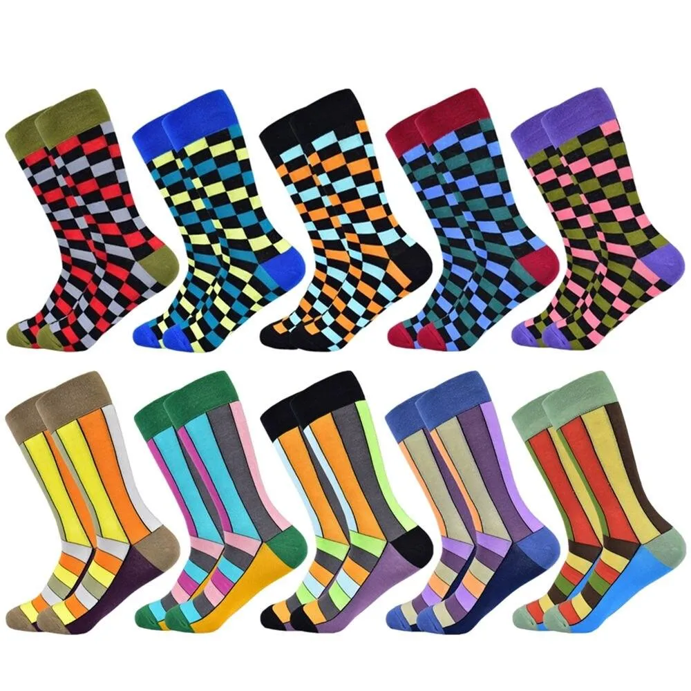 Men Colourful Cotton Geometric Lattice Classic Happy Business Casual  Socks