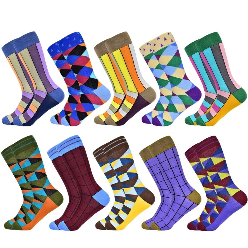 Men Colourful Cotton Geometric Lattice Classic Happy Business Casual  Socks