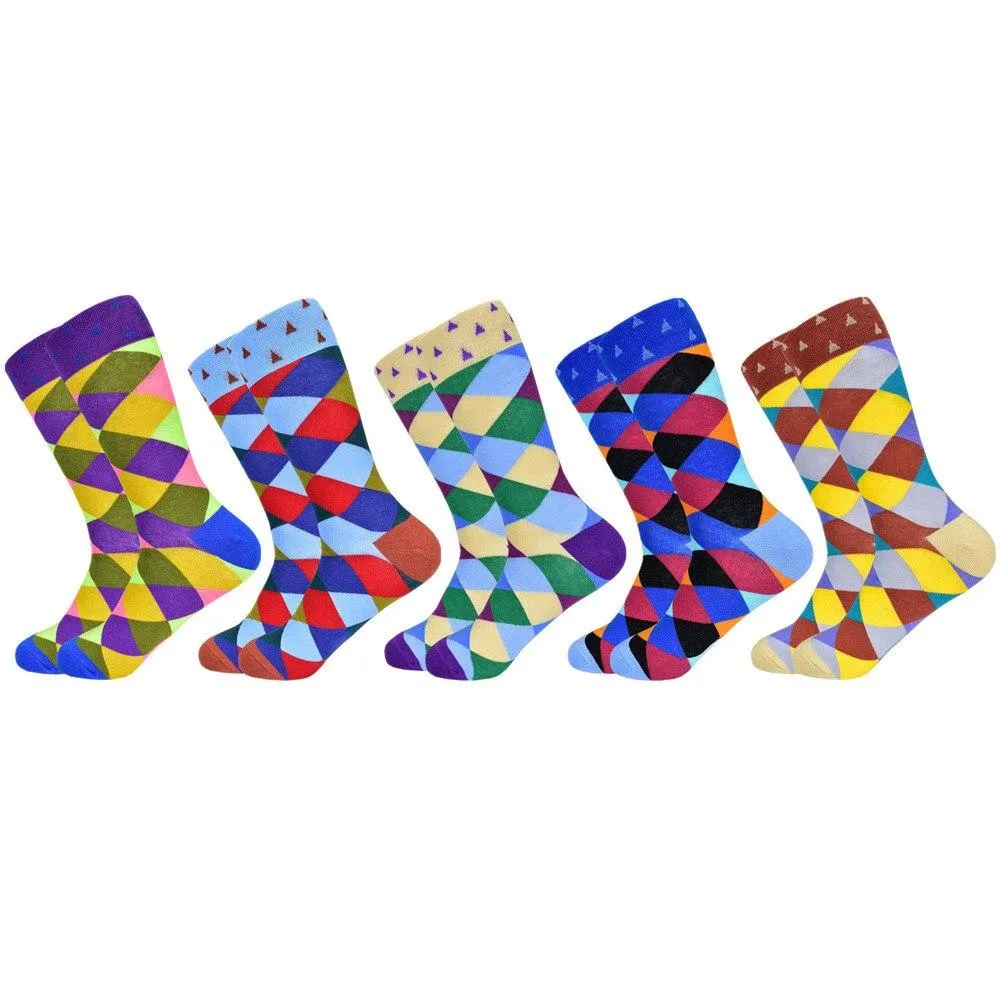 Men Colourful Cotton Geometric Lattice Classic Happy Business Casual  Socks