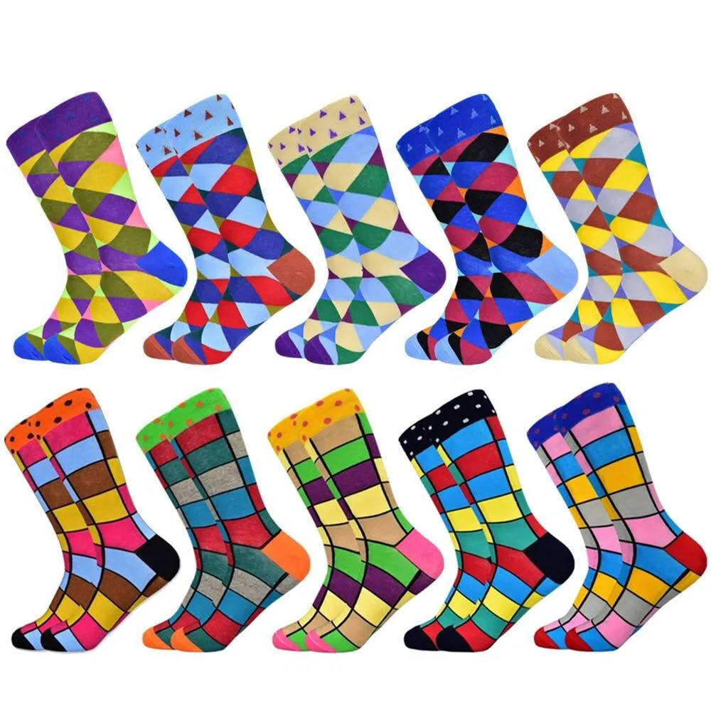 Men Colourful Cotton Geometric Lattice Classic Happy Business Casual  Socks