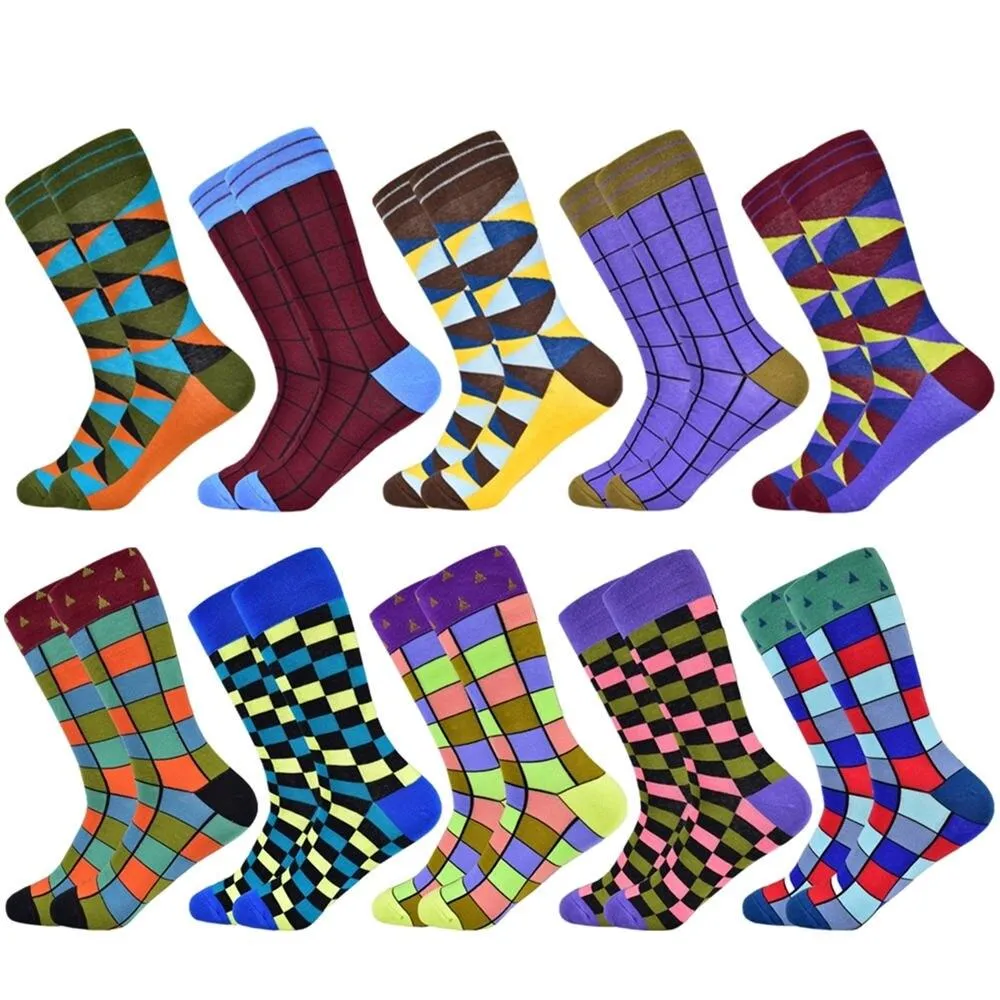 Men Colourful Cotton Geometric Lattice Classic Happy Business Casual  Socks