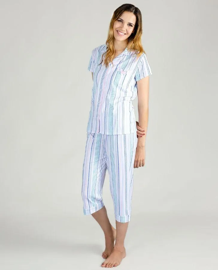 Multi Stripe Notch Collar Capri Set