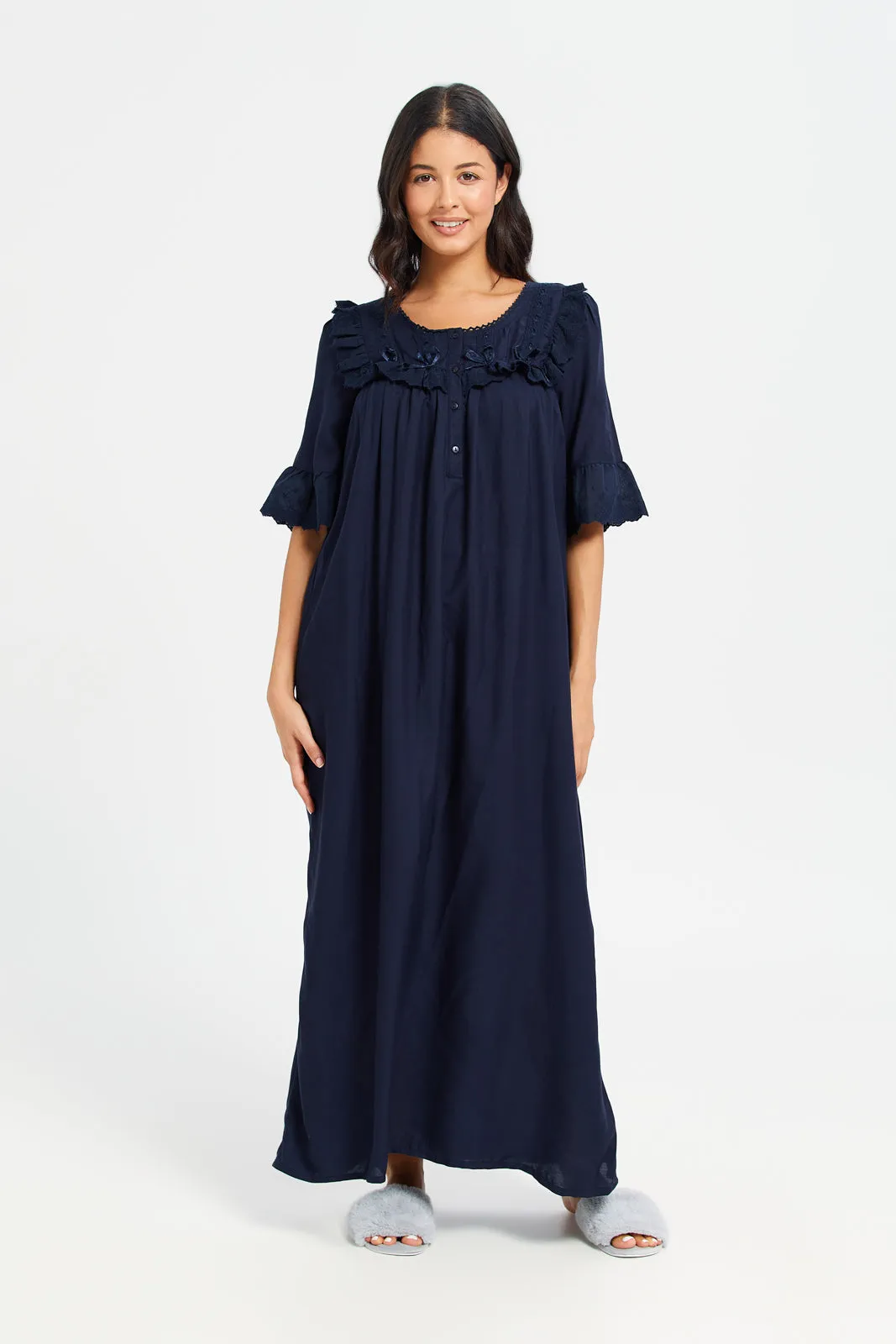 Navy Short Sleeve Frill Lace Nightgown