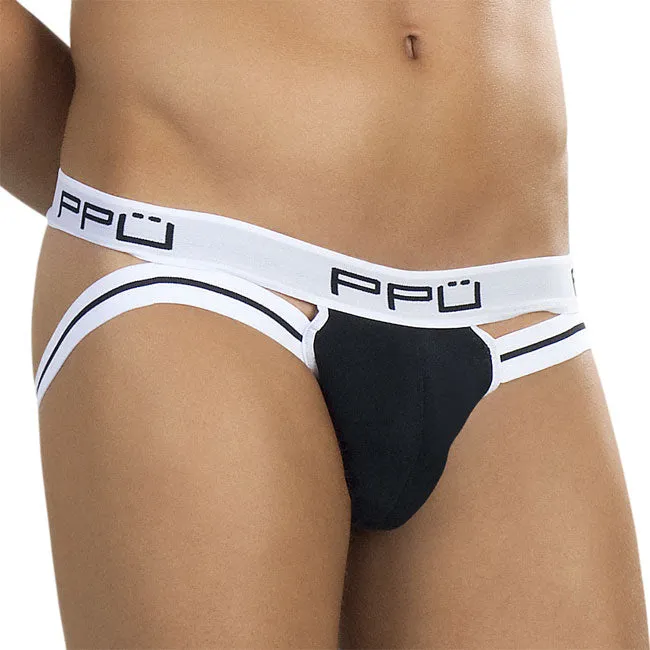 PPU Cut Out Stripe Jock Strap Underwear White/Black 0965 Size M