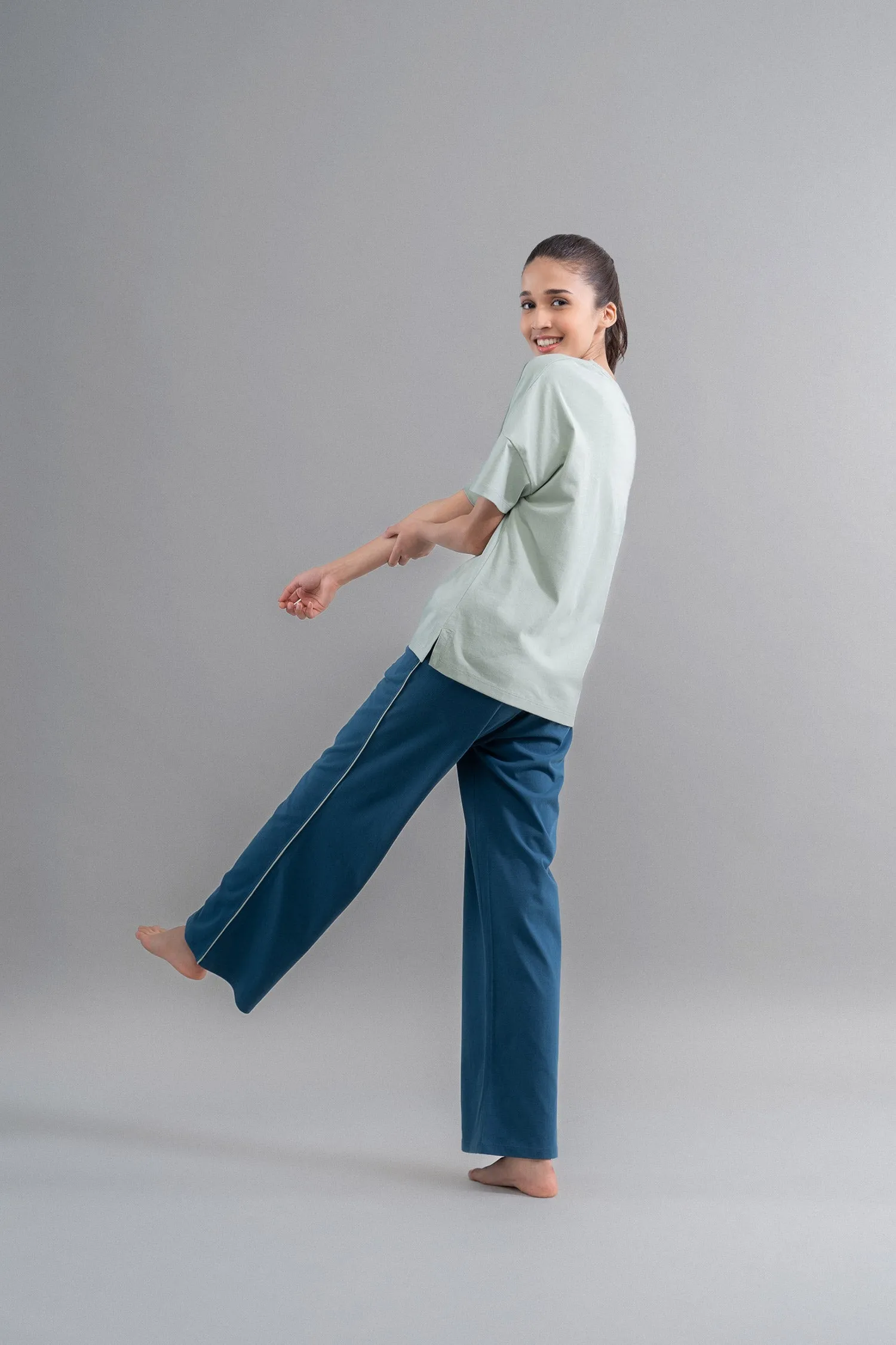 Sage Teal Cotton Lounge Pant With Contrast Piping