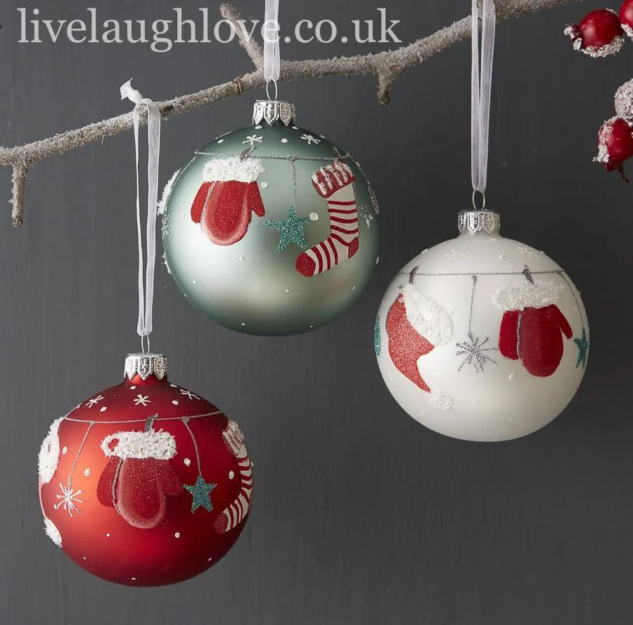 Set Of 3 Assorted Glass Baubles - Red, White & Green