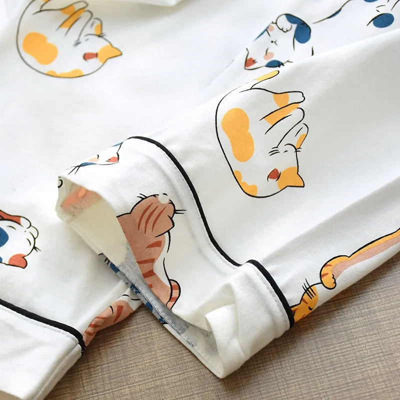 VenusFox 100% Cotton Pajamas For Women 2021 Cute Cat Print Cartoon Home Clothes 2Pcs Set Sleepwear Female Tops Pants Nighties Pajama Suit