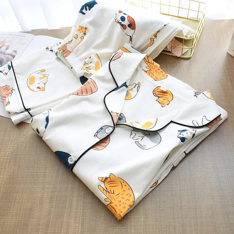 VenusFox 100% Cotton Pajamas For Women 2021 Cute Cat Print Cartoon Home Clothes 2Pcs Set Sleepwear Female Tops Pants Nighties Pajama Suit