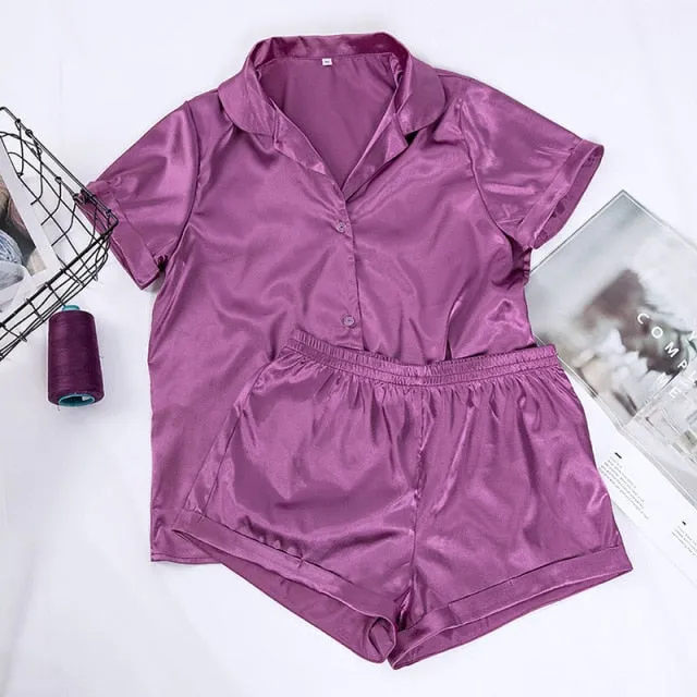 VenusFox Satin Nightshirt With Shorts Nightwear Suit Silk Pajama Short Sleeve Casual Pajama Sets Women Sleepwear Summer