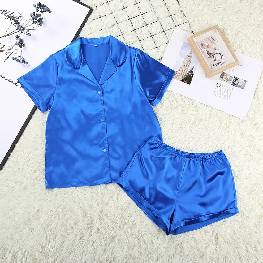 VenusFox Satin Nightshirt With Shorts Nightwear Suit Silk Pajama Short Sleeve Casual Pajama Sets Women Sleepwear Summer