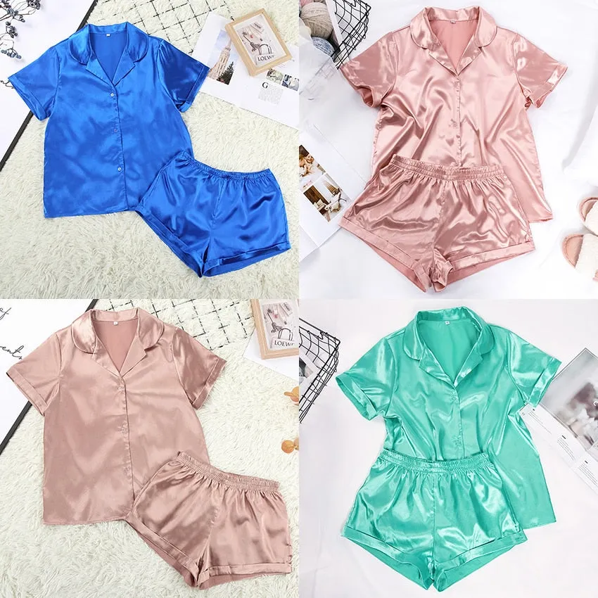 VenusFox Satin Nightshirt With Shorts Nightwear Suit Silk Pajama Short Sleeve Casual Pajama Sets Women Sleepwear Summer