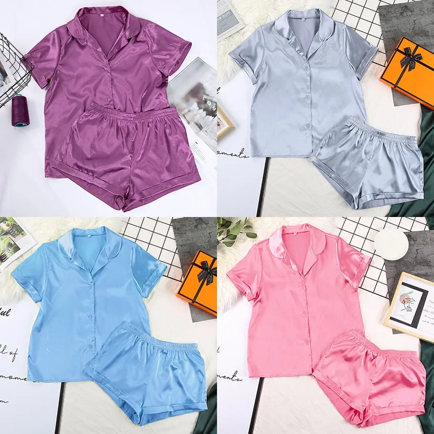 VenusFox Satin Nightshirt With Shorts Nightwear Suit Silk Pajama Short Sleeve Casual Pajama Sets Women Sleepwear Summer