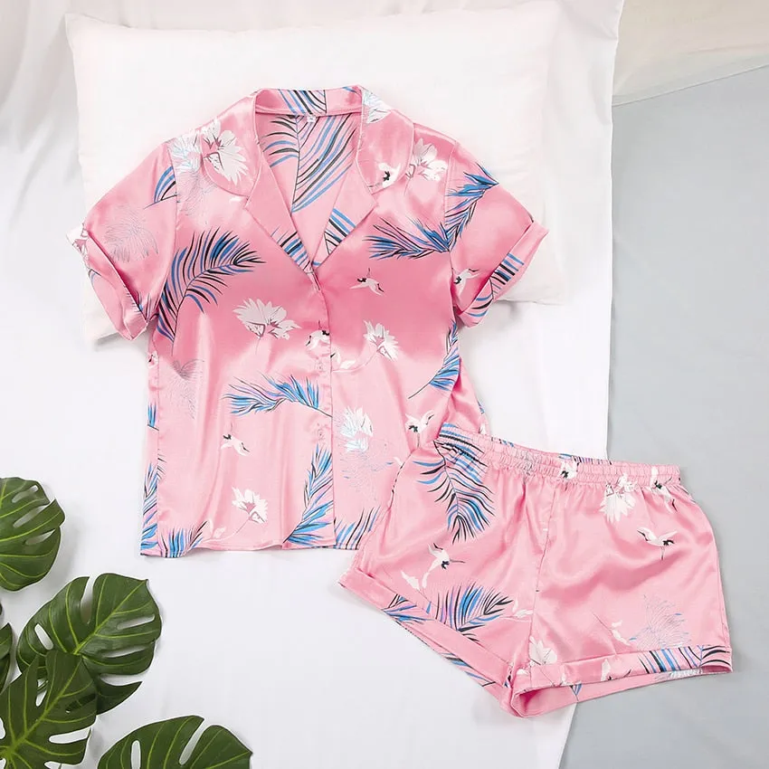 VenusFox Satin Nightshirt With Shorts Nightwear Suit Silk Pajama Short Sleeve Casual Pajama Sets Women Sleepwear Summer