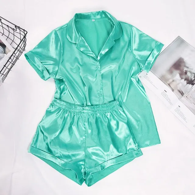 VenusFox Satin Nightshirt With Shorts Nightwear Suit Silk Pajama Short Sleeve Casual Pajama Sets Women Sleepwear Summer