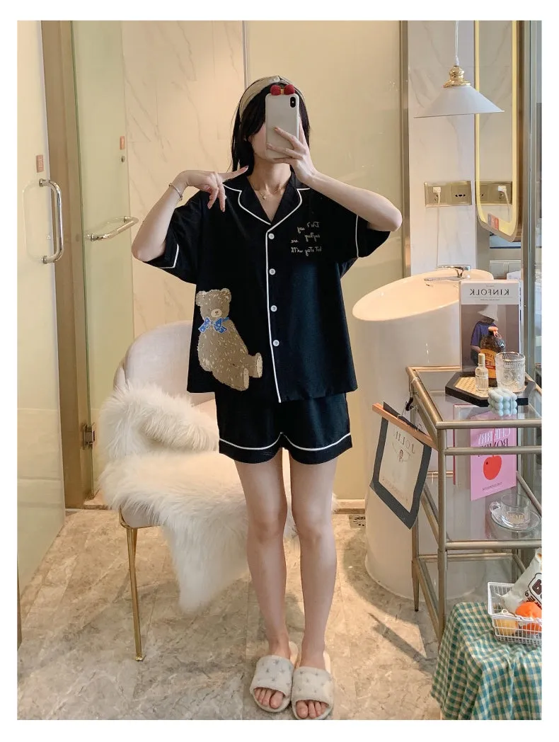 VenusFox Summer Lady Lovely Bear Print Sleepwear Lapel Short Sleeve Shorts Pajamas Set Korea Girl Casual Black White