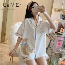 VenusFox Summer Lady Lovely Bear Print Sleepwear Lapel Short Sleeve Shorts Pajamas Set Korea Girl Casual Black White