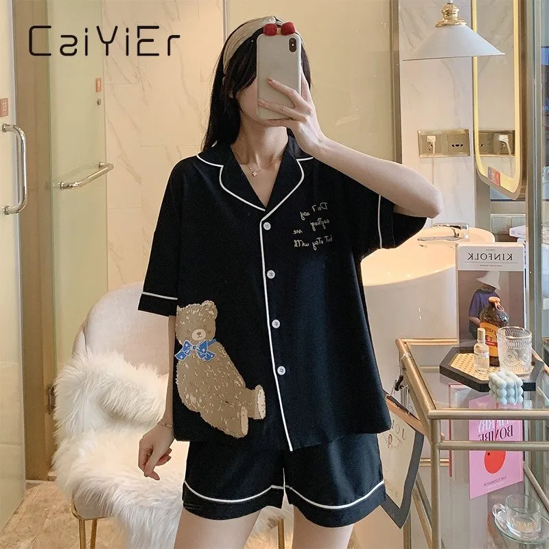 VenusFox Summer Lady Lovely Bear Print Sleepwear Lapel Short Sleeve Shorts Pajamas Set Korea Girl Casual Black White