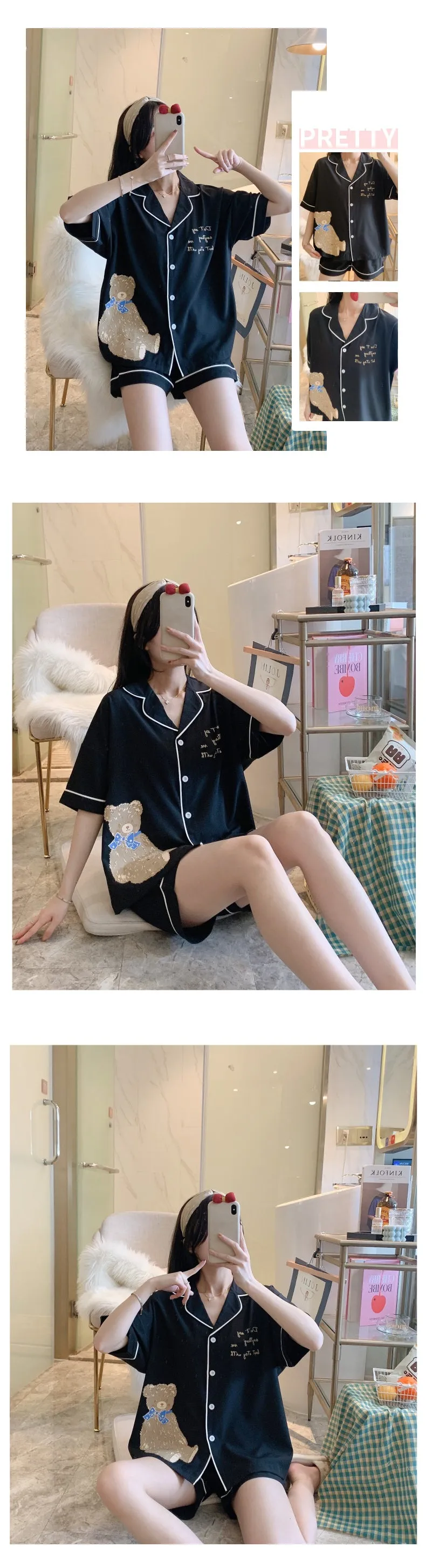 VenusFox Summer Lady Lovely Bear Print Sleepwear Lapel Short Sleeve Shorts Pajamas Set Korea Girl Casual Black White