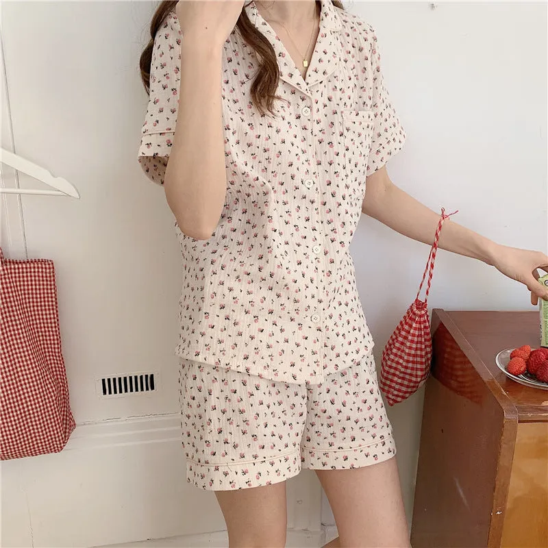 VenusFox Women's Sleepwear Cotton Floral Print Pajamas Two Piece Set Summer Suits with Shorts Room Wear