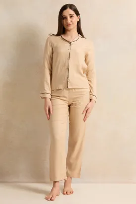 Women Beige Collared Pyjama Set (2 Piece)