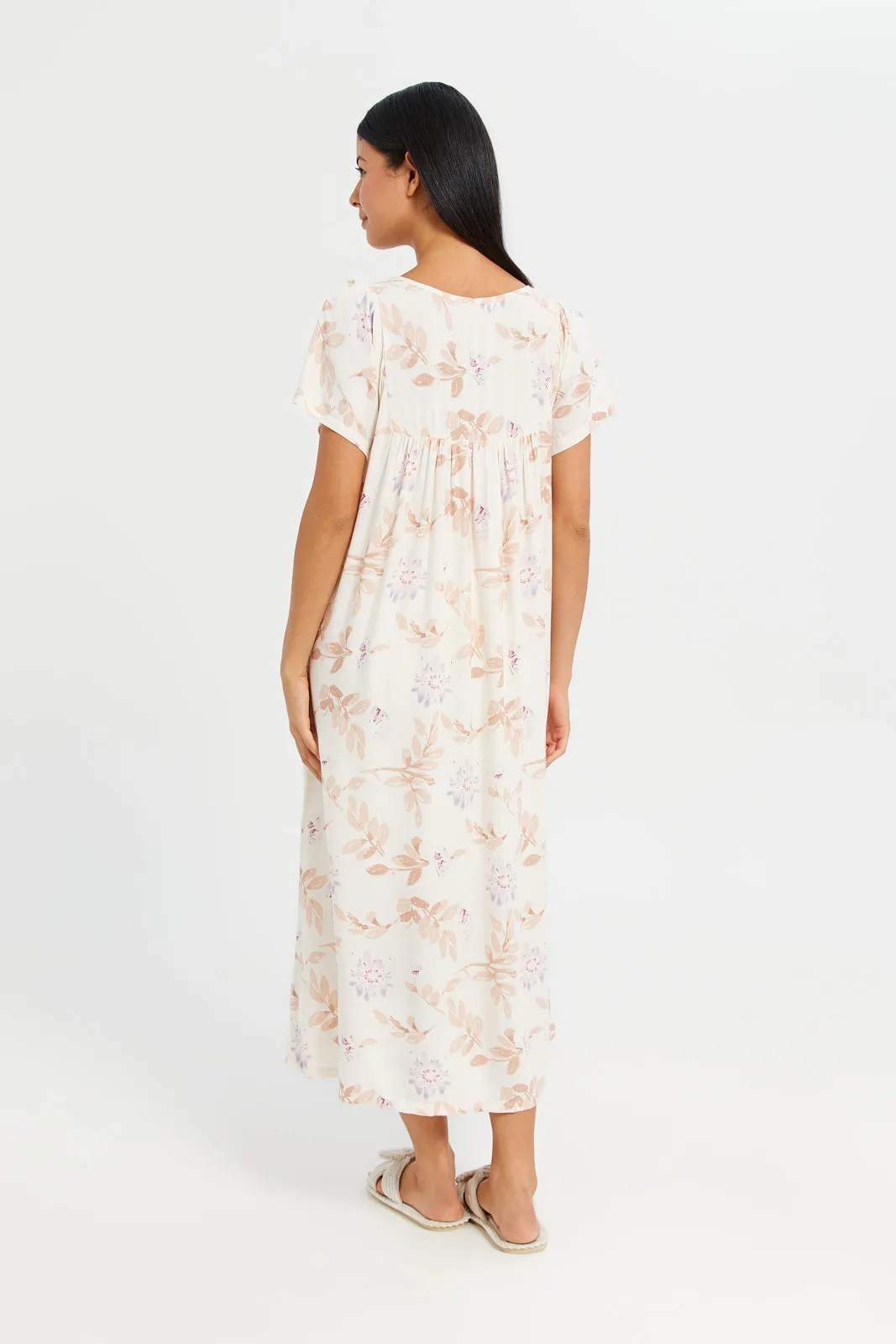 Women Beige Floral Printed Nightgown