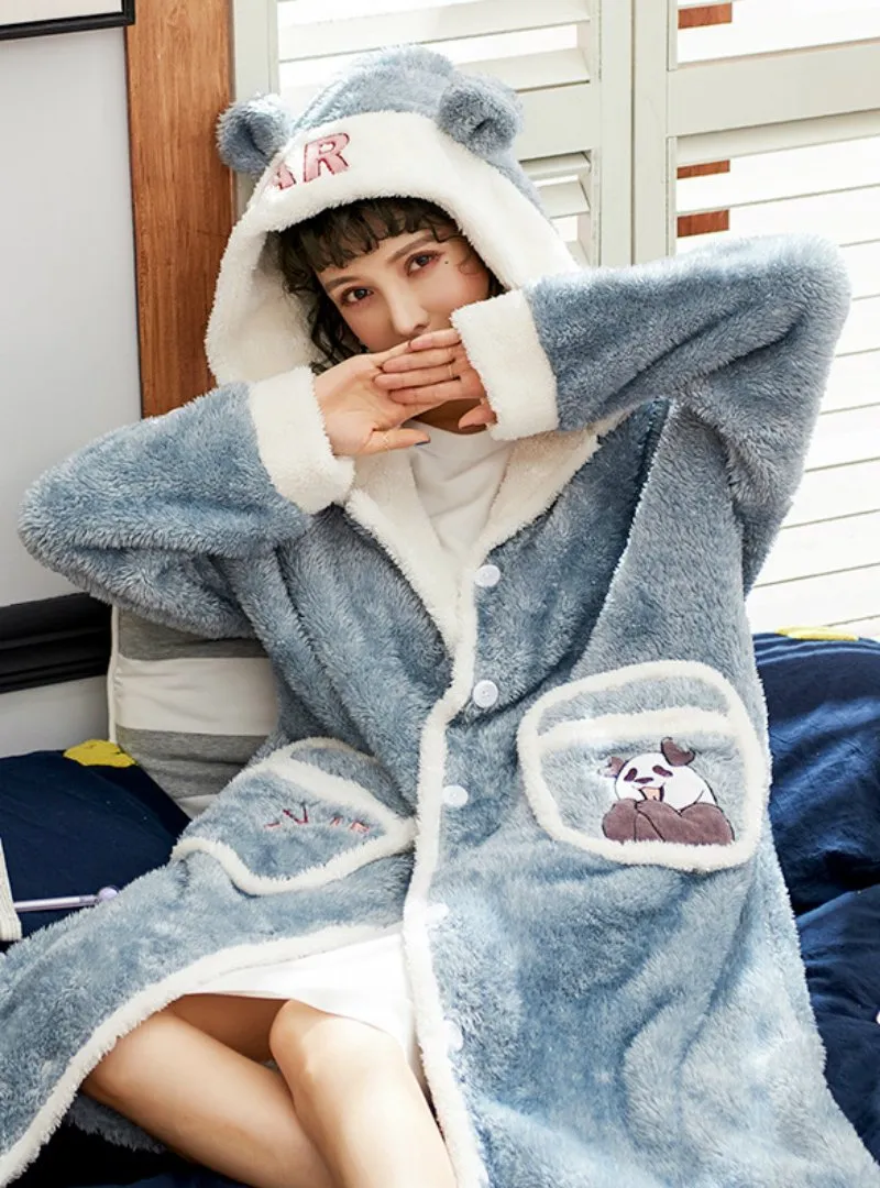 WOMEN GRAY WARM PAJAMAS BATHROBE PANDA