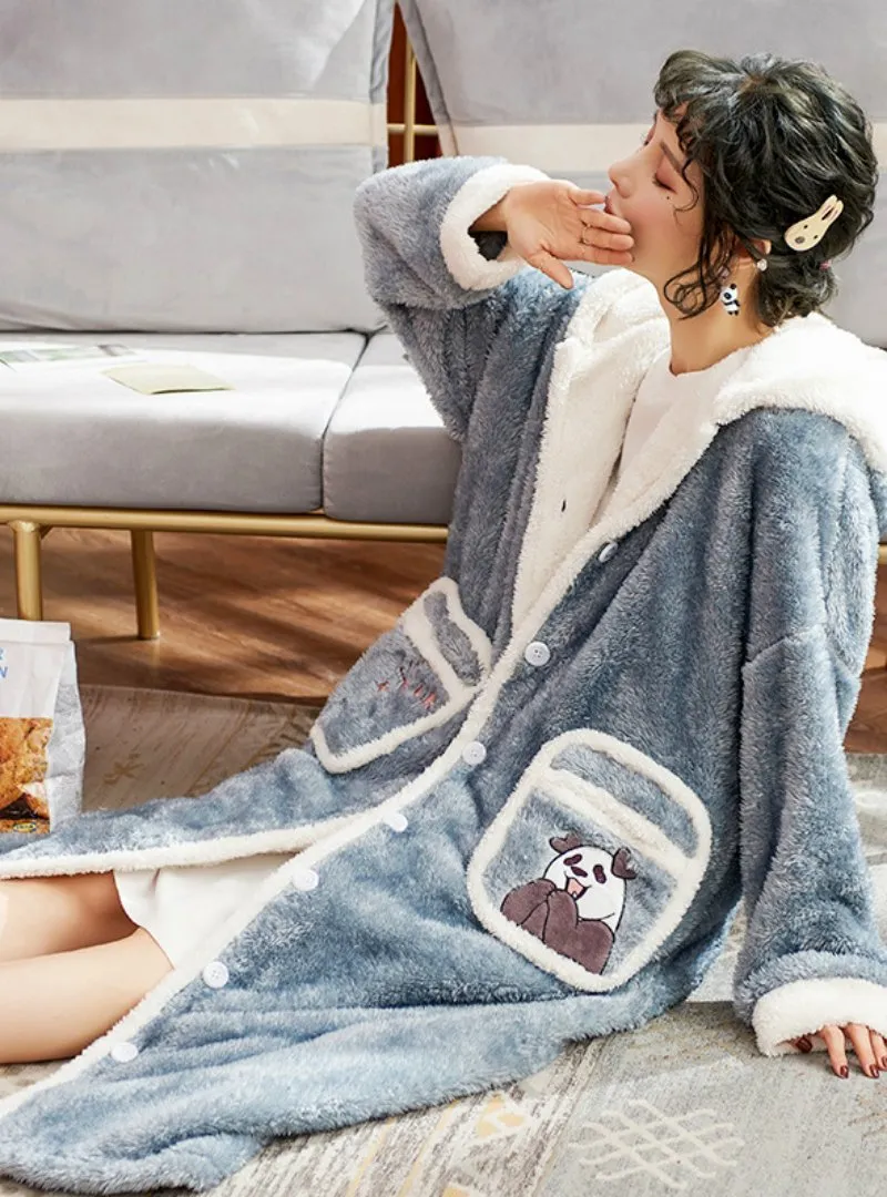 WOMEN GRAY WARM PAJAMAS BATHROBE PANDA