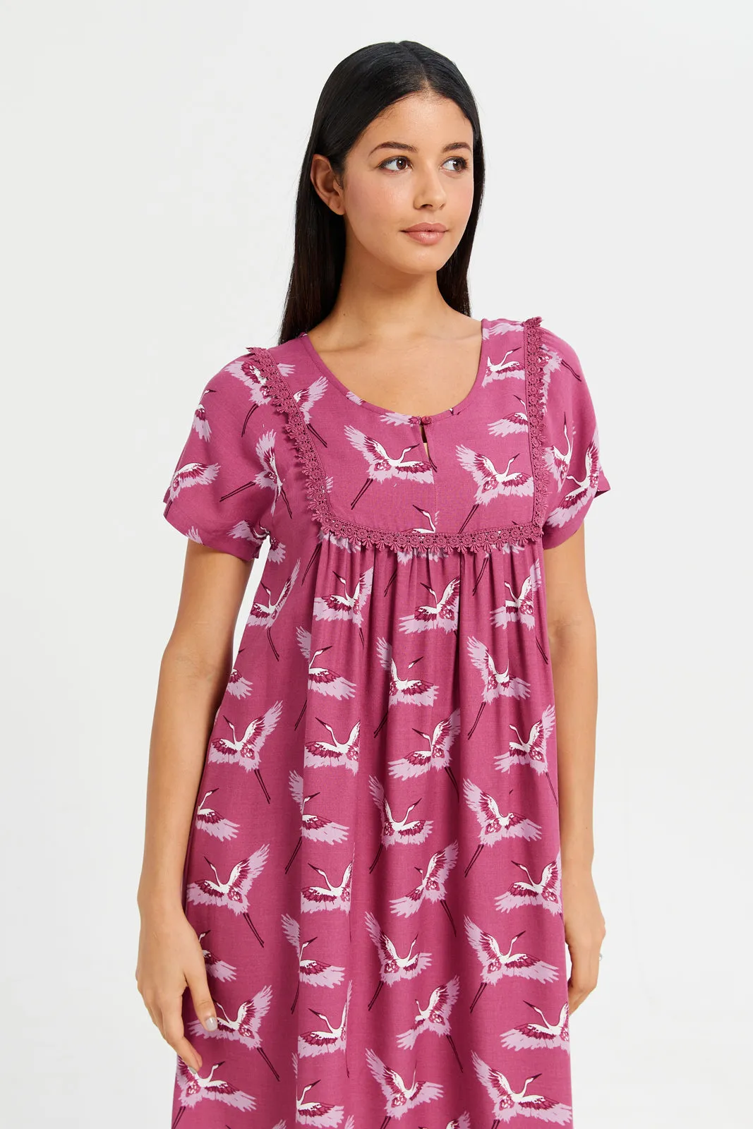 Women Pink Flamingo Printed Nightgown