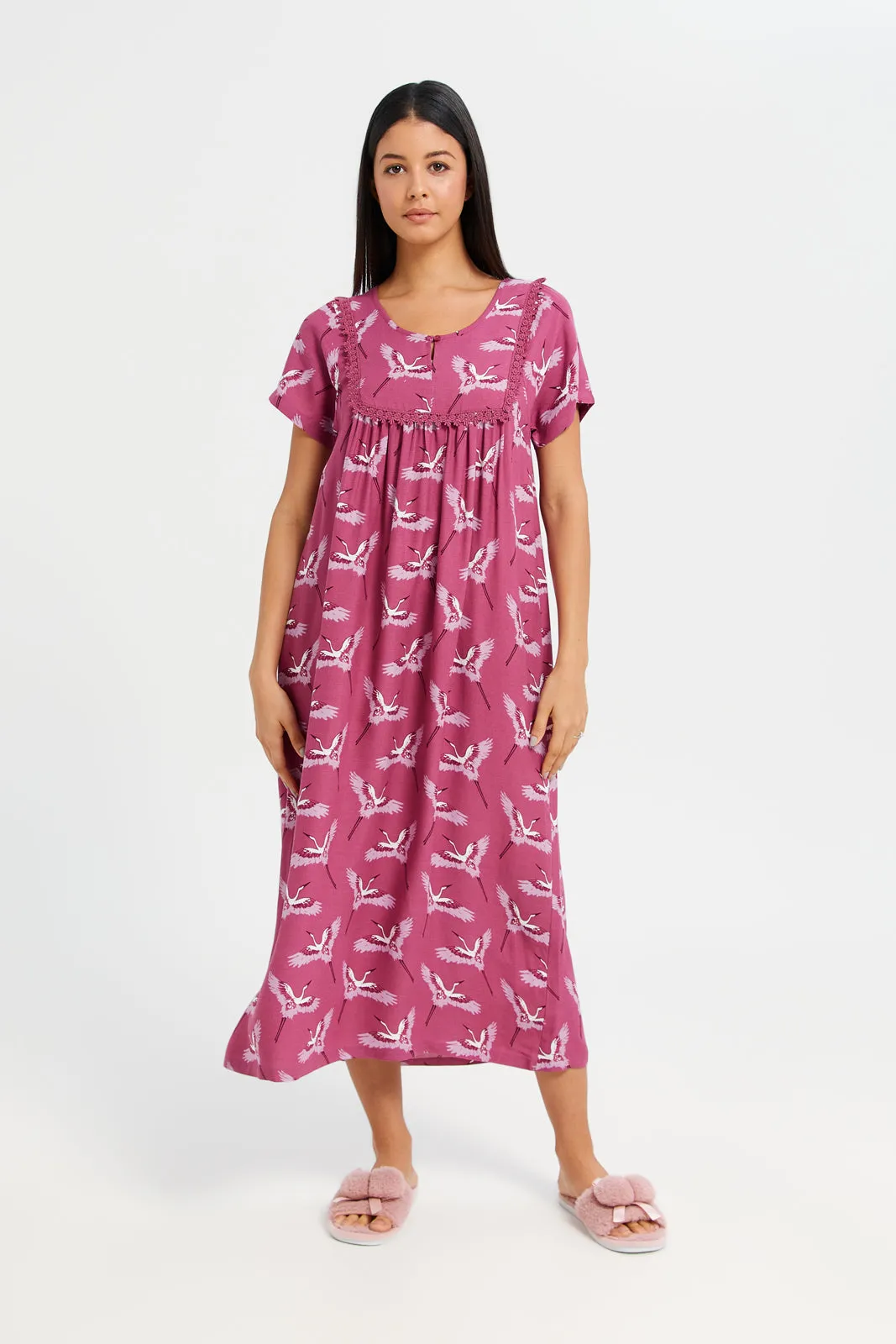 Women Pink Flamingo Printed Nightgown