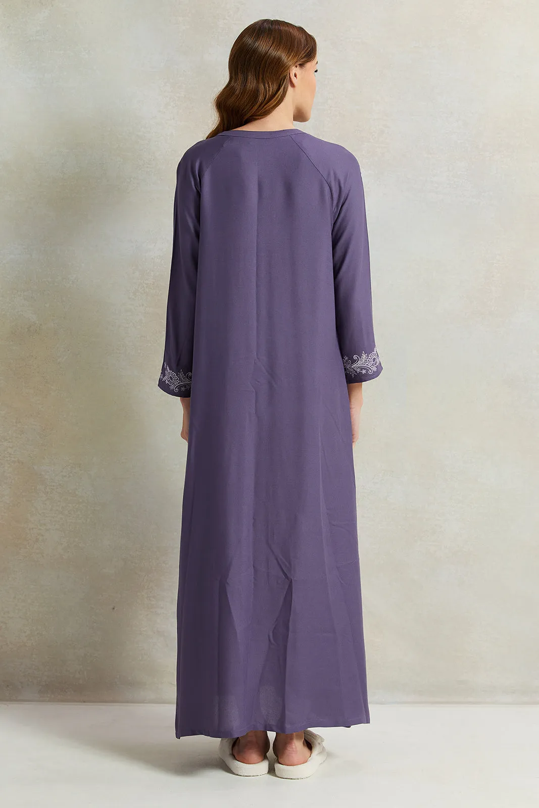 Women Purple Placket Embroidery Nightgown