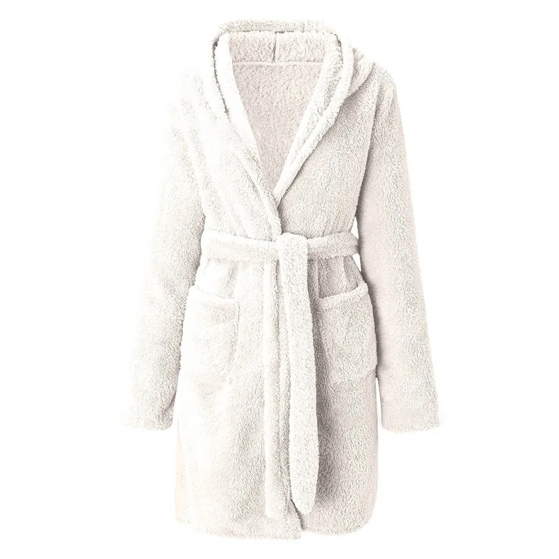 Women Solid Color Long Sleeve Warm Fleece Hooded Home Bathrobe