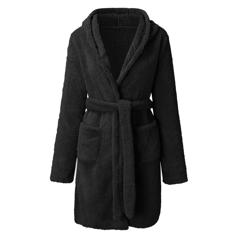 Women Solid Color Long Sleeve Warm Fleece Hooded Home Bathrobe