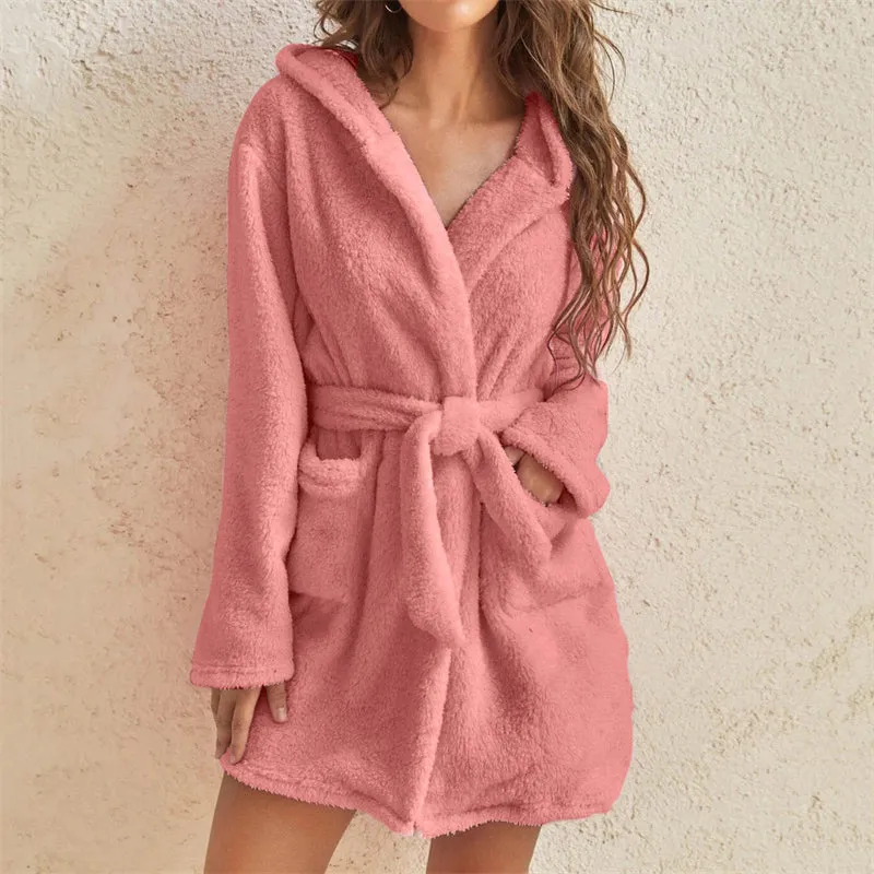 Women Solid Color Long Sleeve Warm Fleece Hooded Home Bathrobe