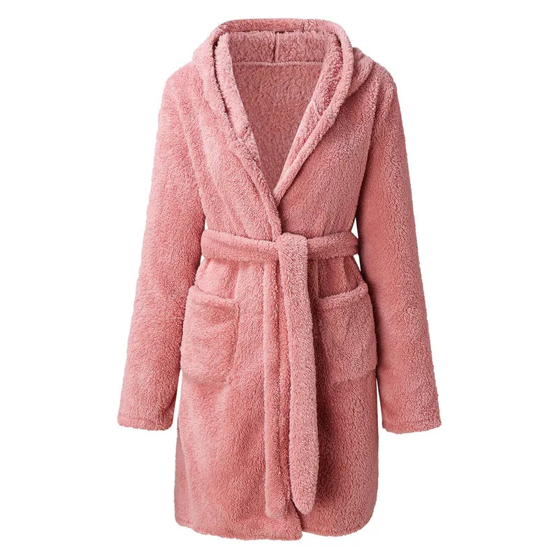 Women Solid Color Long Sleeve Warm Fleece Hooded Home Bathrobe